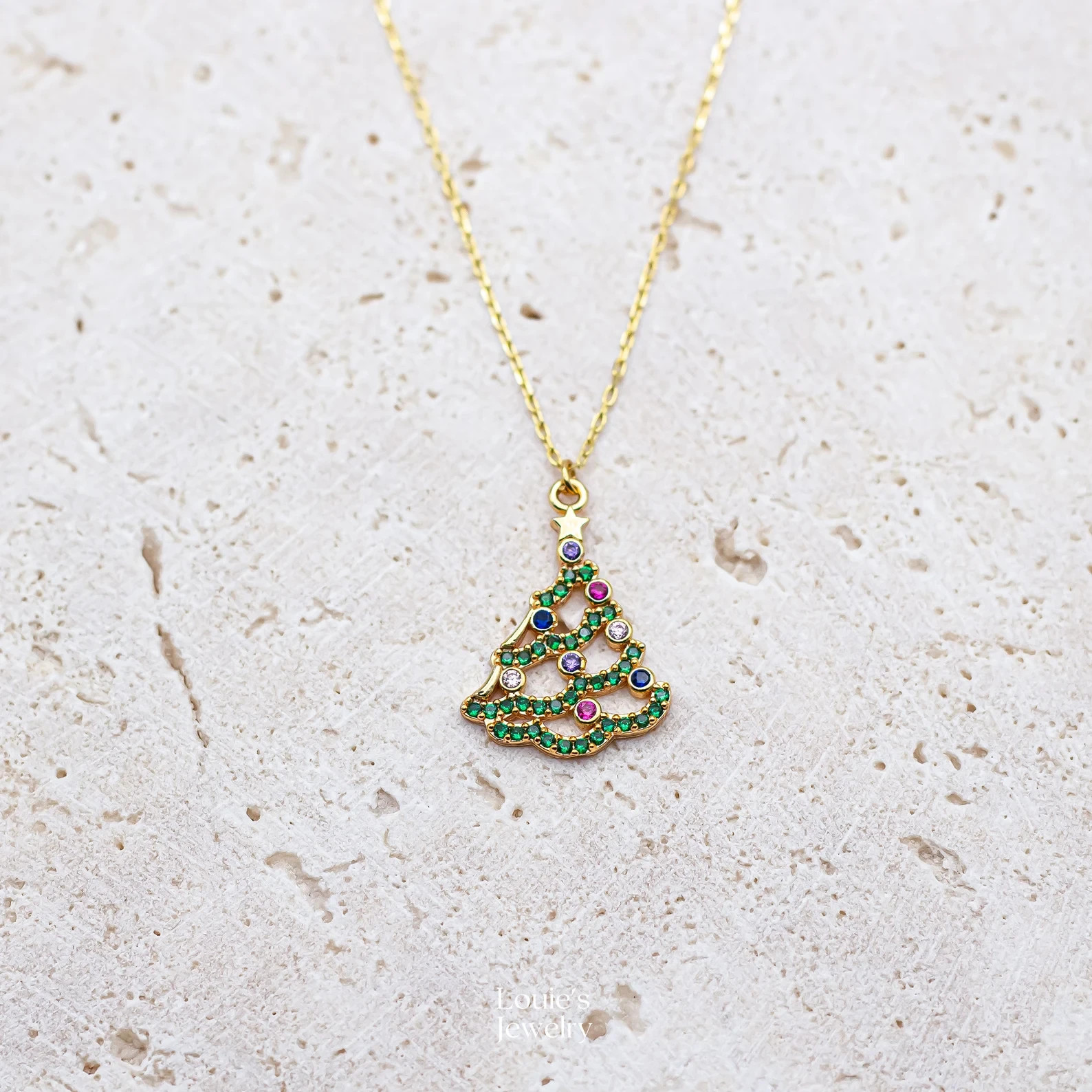 2 Ct Round Simulated Multi Stone Christmas Tree Pendant 14K Yellow Gold Plated