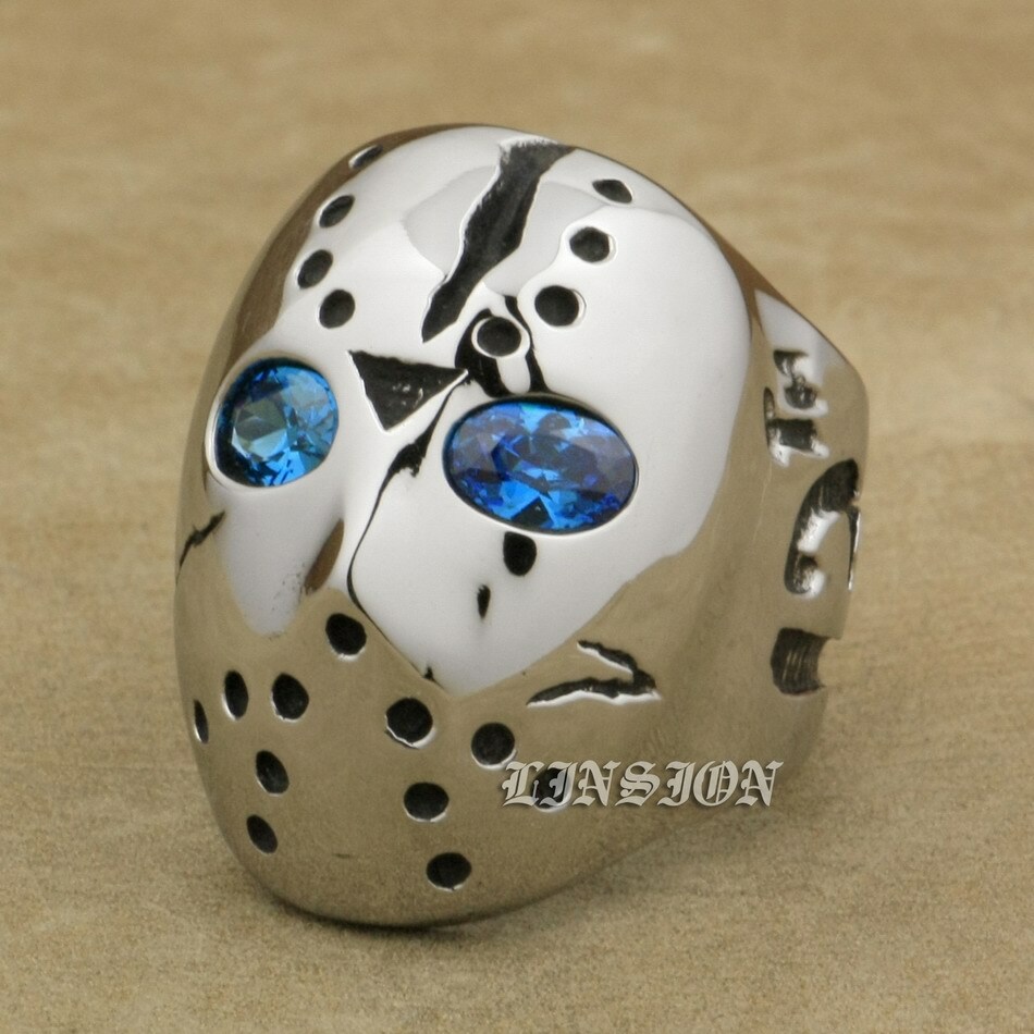 Stainless Steel Blue CZ Eyes Halloween JS Hockey Ring Punk Jewelry 3F101D