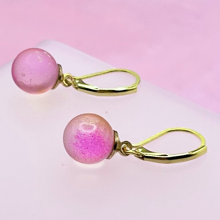 Golden Dot Frosted Globe Pendant Earrings (Mini/Dark Pink) New Handmade