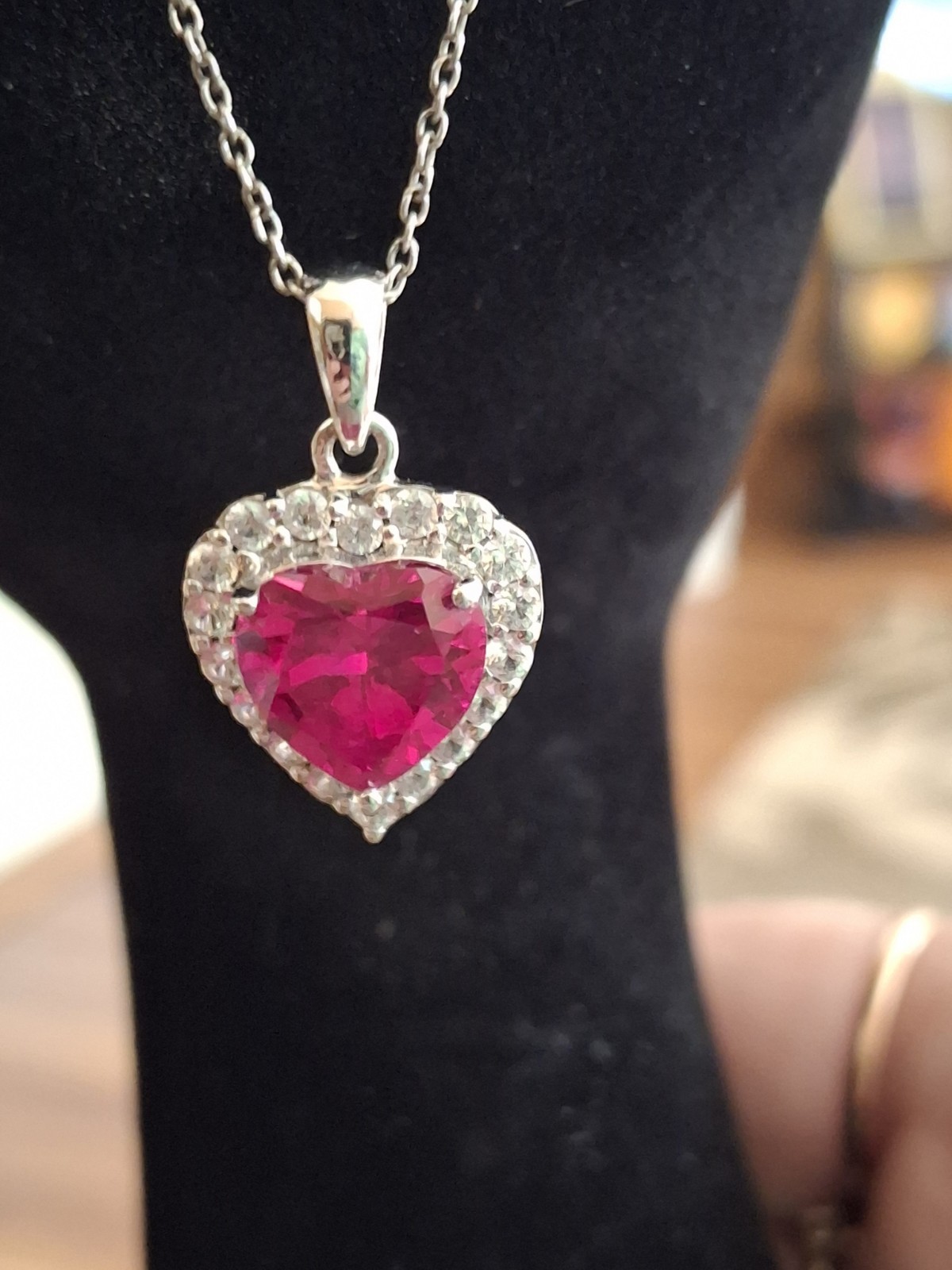 Heart Red And White Cz Sterling Silver Necklace 18in.