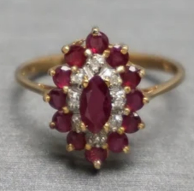 Vintage 14KP (Plumb) Woman’s Yellow Gold Ring Diamonds & Red Rubies 2.6g Size 8