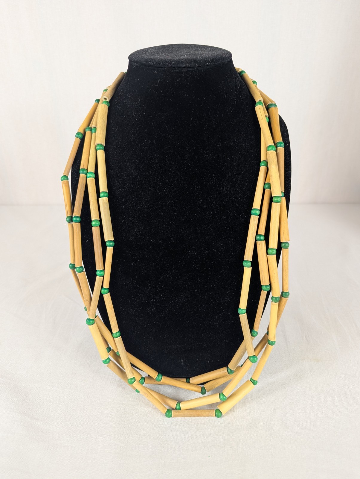 Vintage 90s Y2K Necklace Handmade Bamboo Tube Tan Green Wood Bead 17” Boho – 4