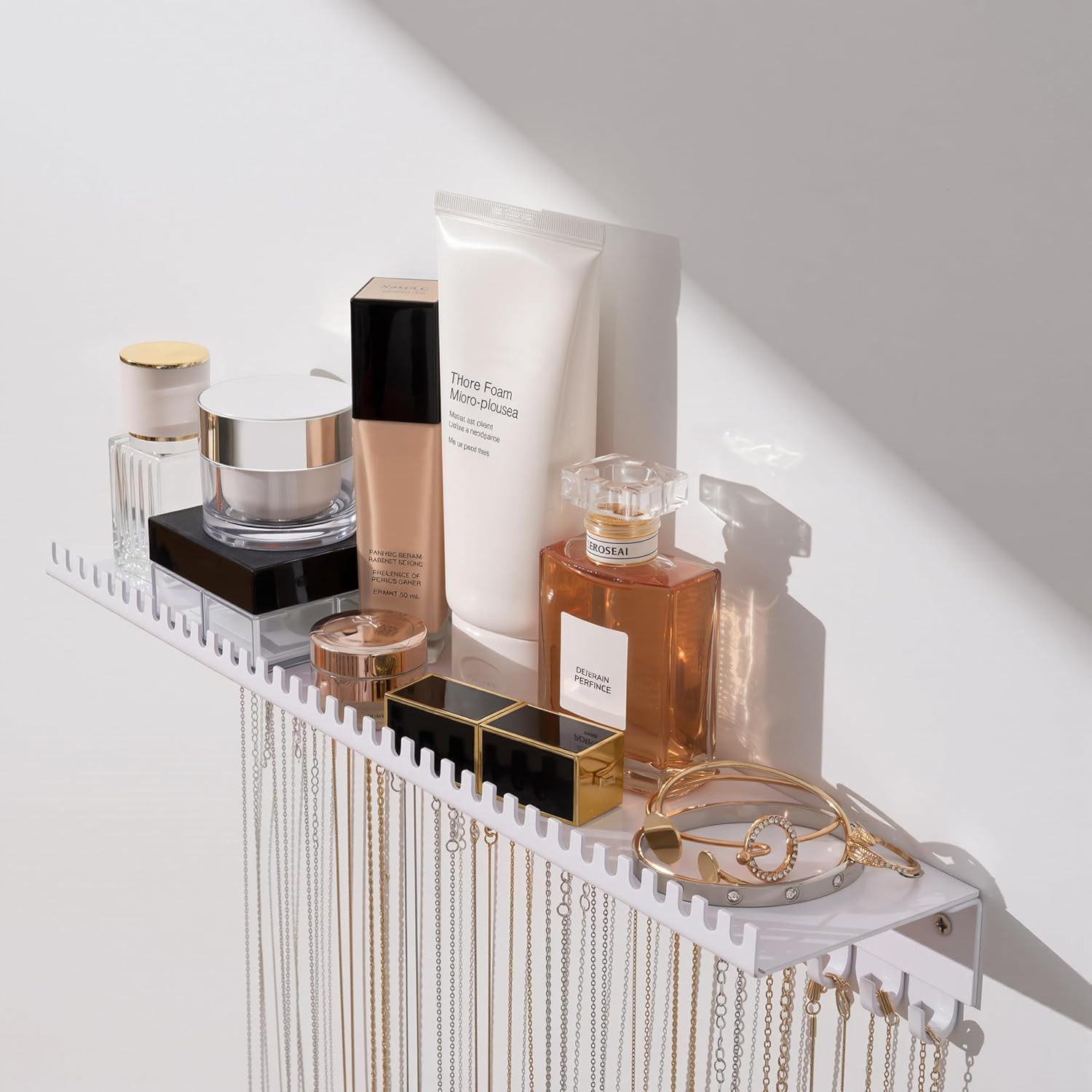 Necklace Holder Wall Hanging Organizer: Wall Mounted Jewelry Shelf with 56 Hooks