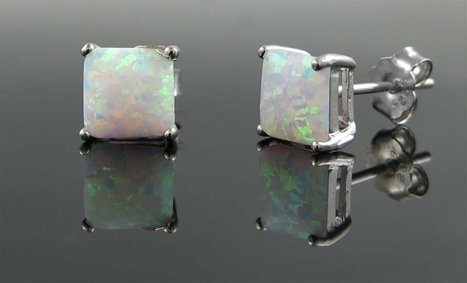 925 Silver Charm Blue & white Fire Opal Square Cut Earrings Stud Women Jewelry
