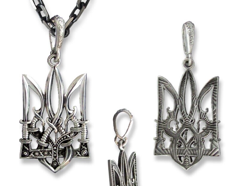 Ukrainian Oxidized 925 Silver, Trident Тризуб Pendant, 6 Sable Design, Sichovyk