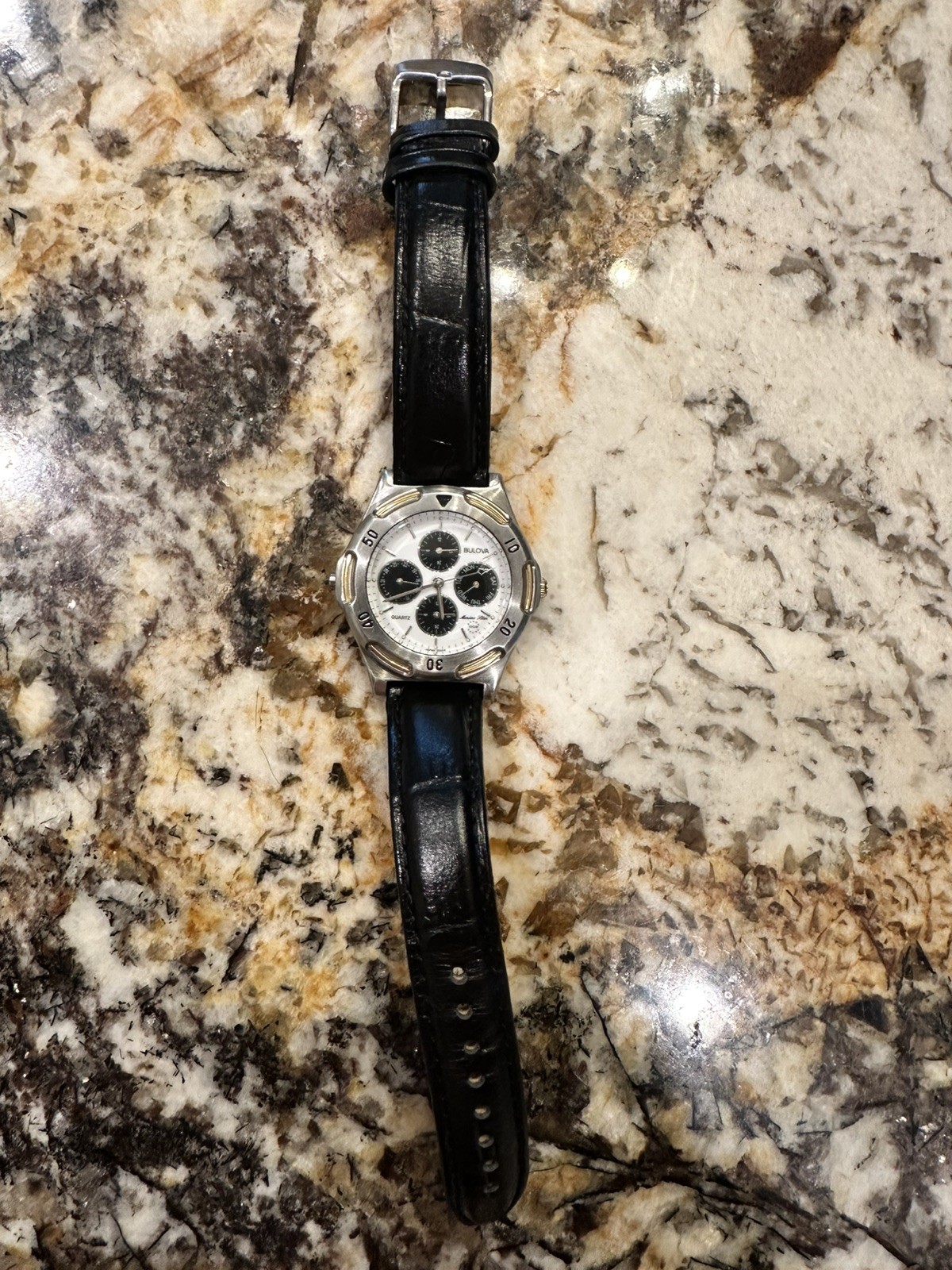 Bulova Marine Star Panda Dial Men’s Watch Runs Keeps Time Brown Leather Strap