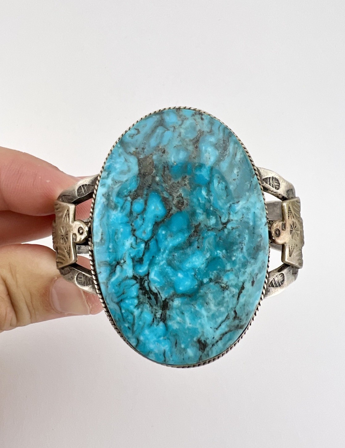 Fred Harvey Navajo Sterling Silver Kingman Turquoise Thunderbird Cuff Bracelet