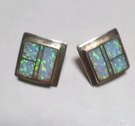 Native American Square Opal Inlay Stud Earrings Signed With C And Other Emblem