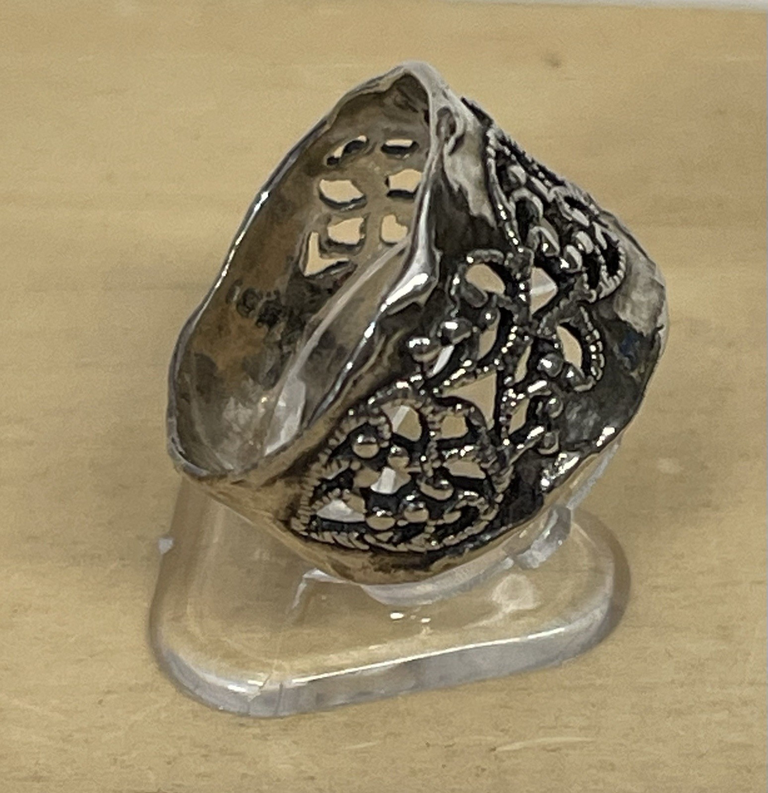 ISRAEL PZ PAZ Sterling Silver Wide Filigree Hammered Band Size 9 Ring 5.4g