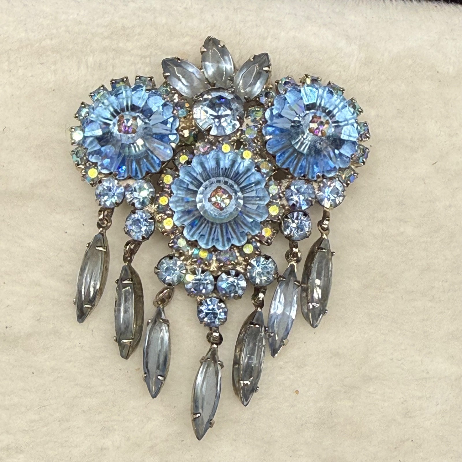 Vintage Juliana Brooch Blue Rivoli Stunning Chandelier Owl Eyes