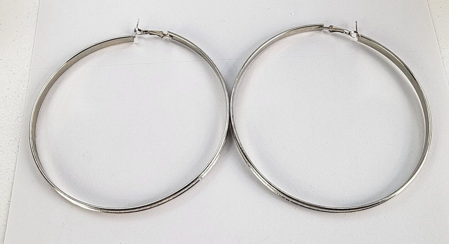 Silver-Tone Druzy Large Hoop Earrings Pierced Leverback 3.75 in