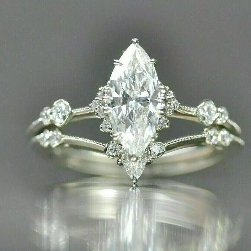 2.89 TCW Marquise Moissanite Bridal Set Engagement Ring 14K White Gold Plated