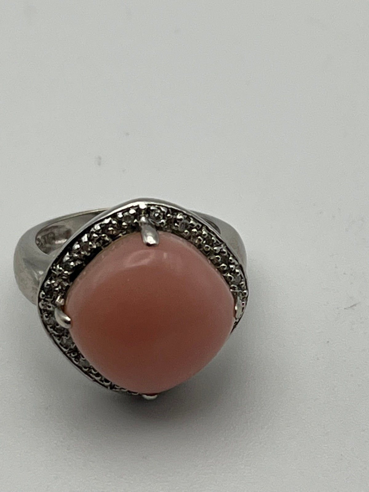 14K Solid White Gold Pink Coral Stone and Diamond Halo Ring Size 5.25