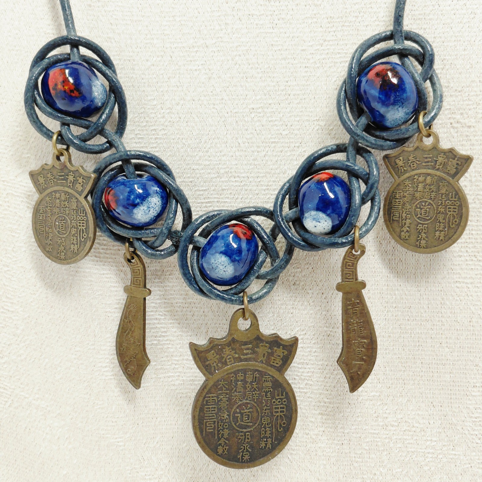 Chunky Ceramic Bead Leather Wrap Necklace Chinese Taoist Bronze Charm Amulet 25″