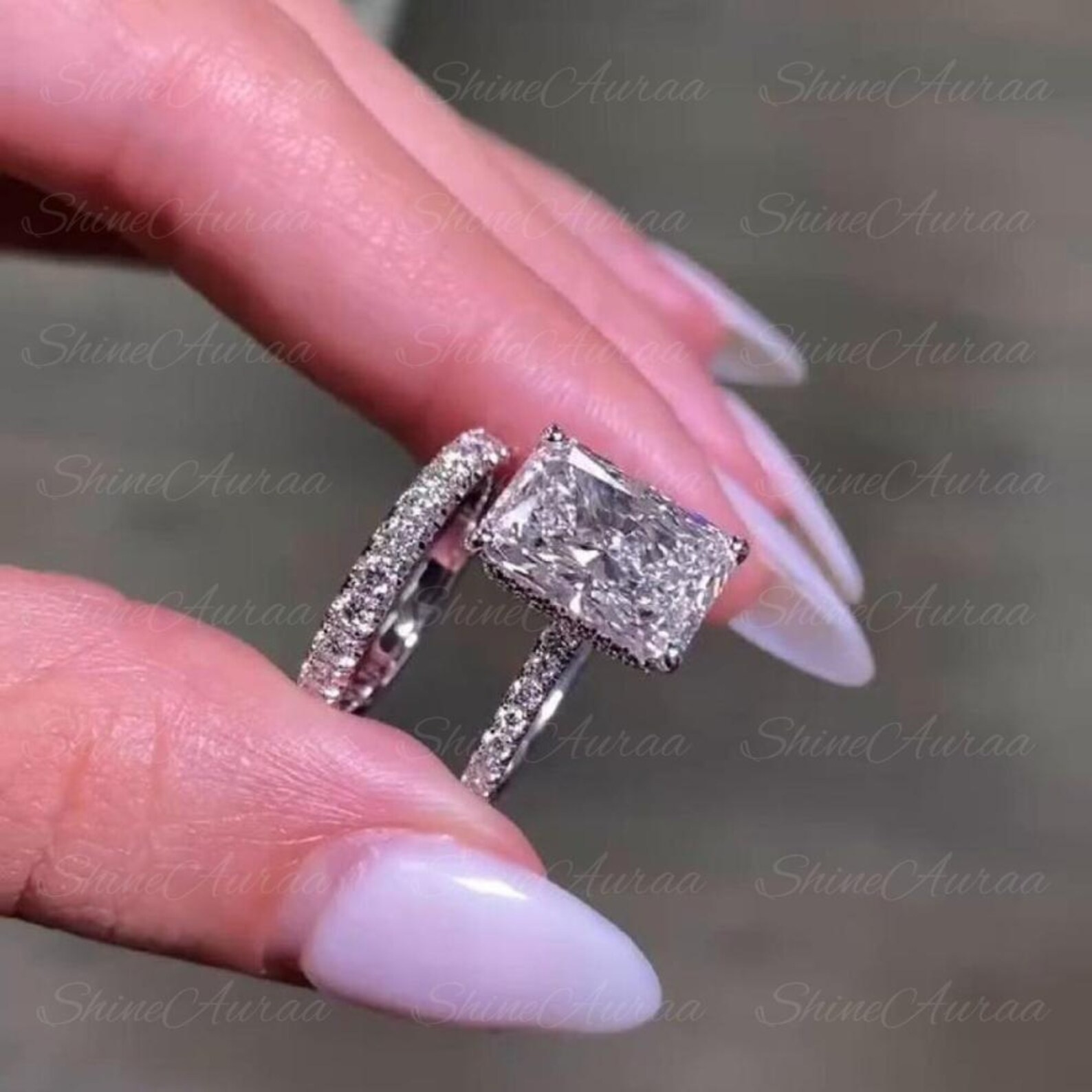 3.00 CT Radiant Cut Moissanite Ring Set Engagement and Wedding Band 925 Silver