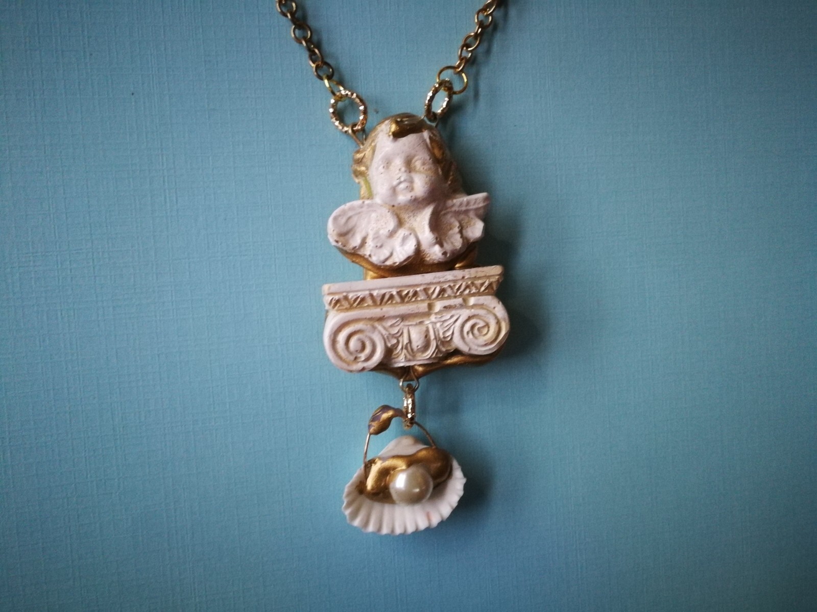 Winged Angel Cherub Talisman Baroque Pendant Amulet Shell Charm Jewelry Necklace