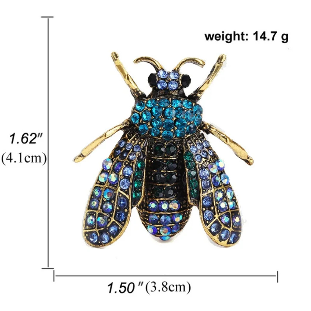 Blue Retro Crystal Bee Brooch Pin – Rhinestone Gold Insect Jewelry Summer Gift