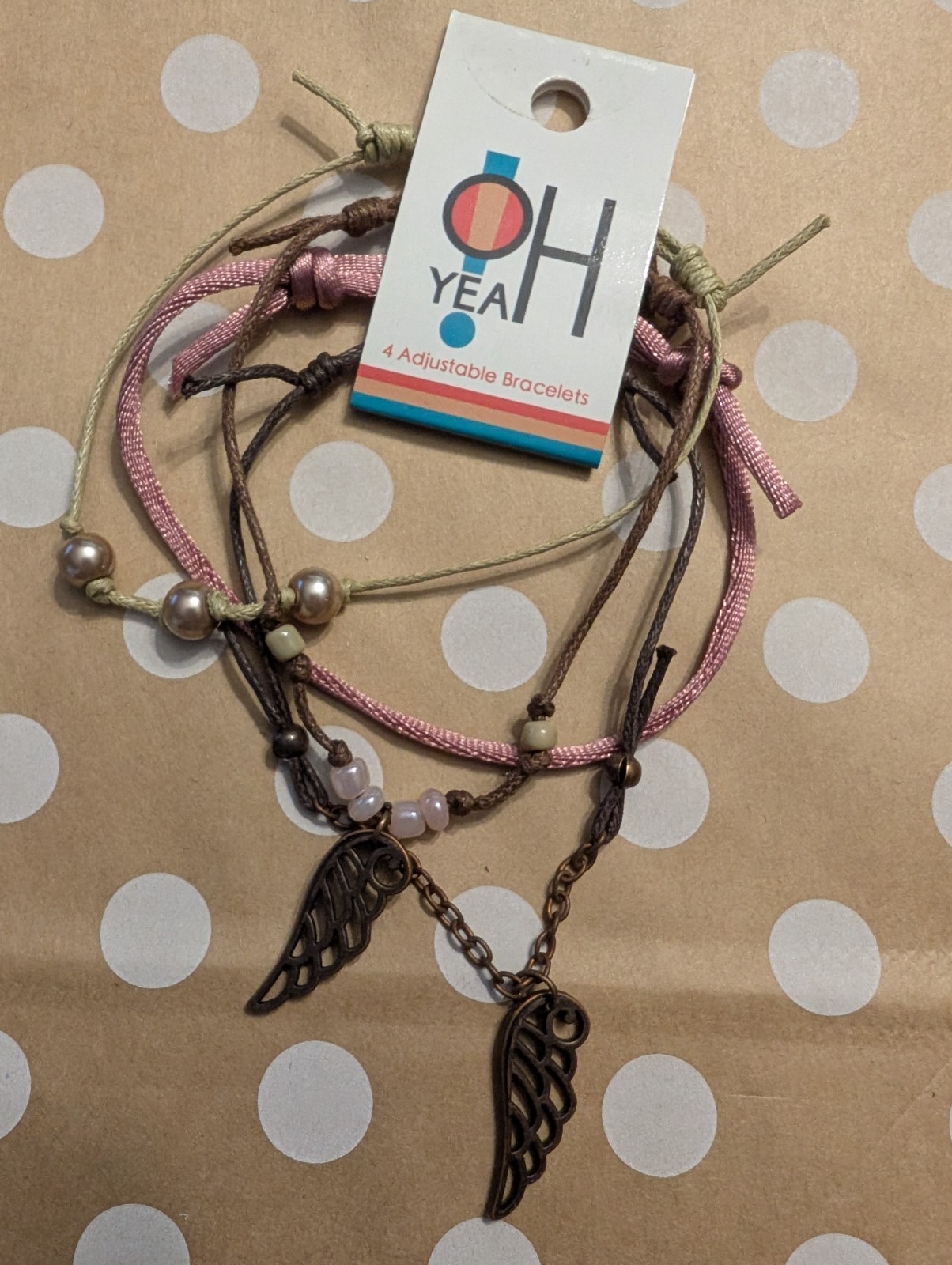 OH YEAH 4 Adjustable Bracelet Set Angel Wing Charm Pink Boho Beaded Bracelets
