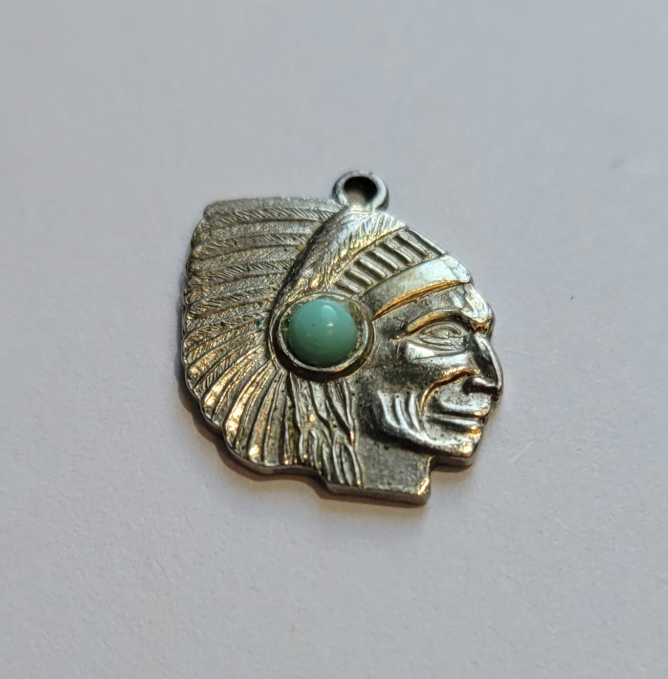 Native American Indian Chief Head Charm Faux Turquoise Nickel Silver Vintage