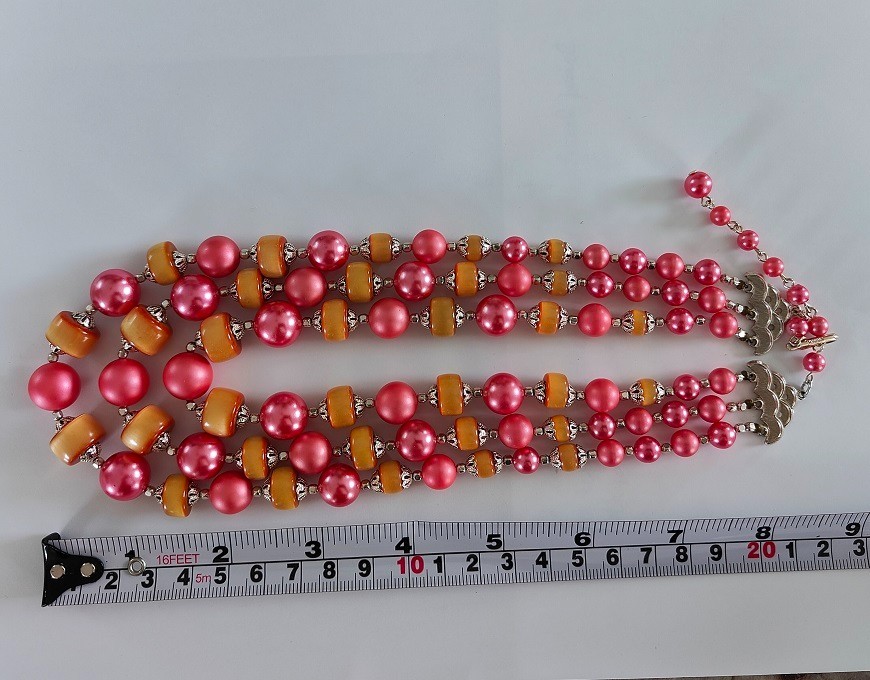 Vintage Japan 3 Strand Pink Apricot-Orange Bead Statement Choker Necklace 1950s