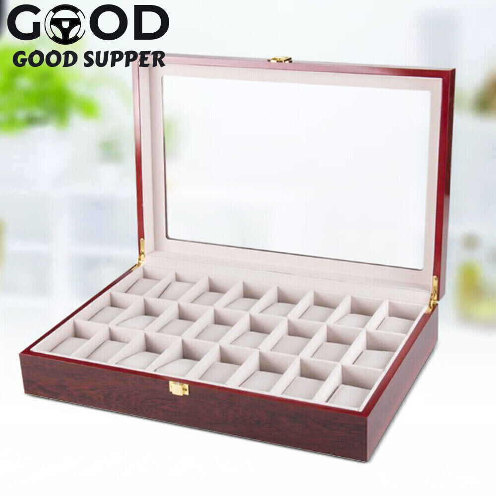 24 Slot Wood Box Watch Holder Storage Display Case Jewelry Large Storage Space