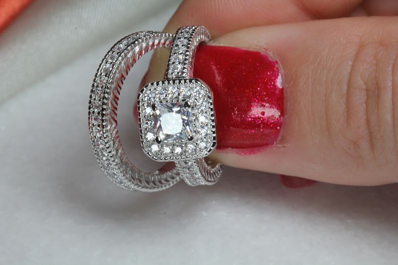 2.3C PRINCESS CUT VNTG STERLING SILVER CZ ENGAGEMENT RING WEDDING RING SET SZ6+8