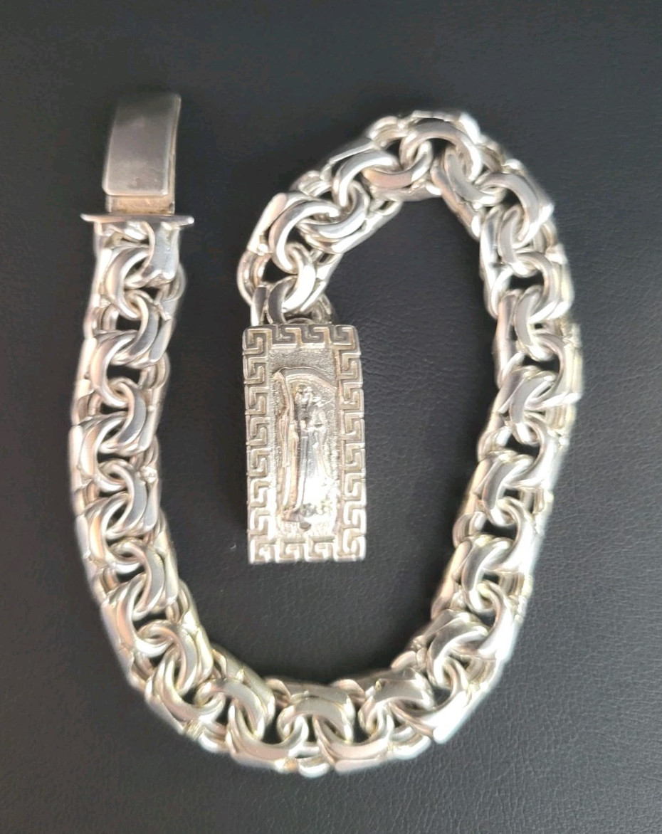 5mm 8″ 925 Sterling Silver Chino Link W Santa Muerte Greek Lock & Prayer On Back