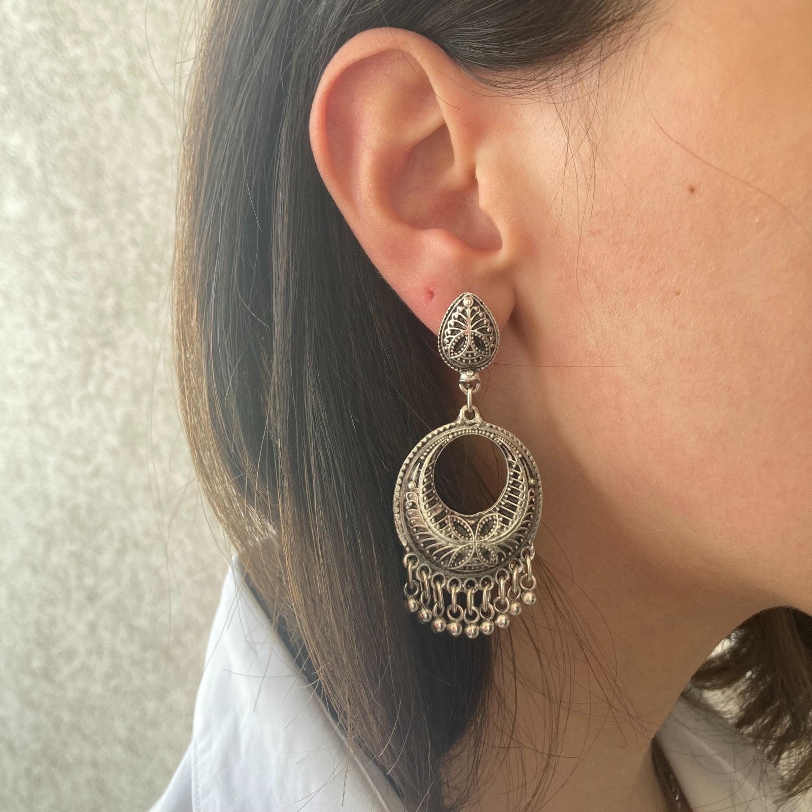 Boho Ethnic Antique Silver Crescent Chandelier Dangle Fringe Bohemian Earrings