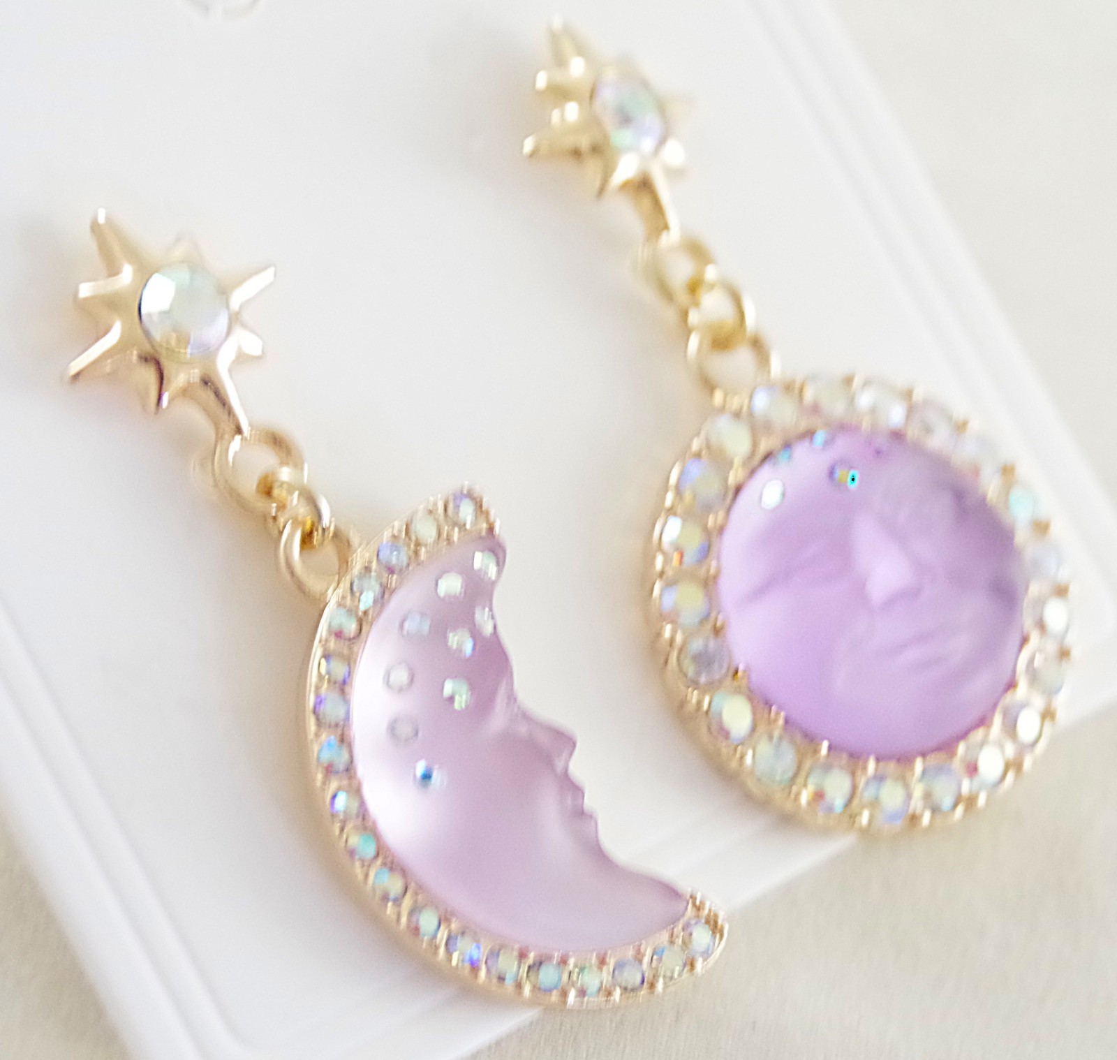 2″ KIRKS FOLLY PURPLE SEAVIEW MOON FACE CRYSTAL RHINESTONE DROP DANGLE EARRINGS