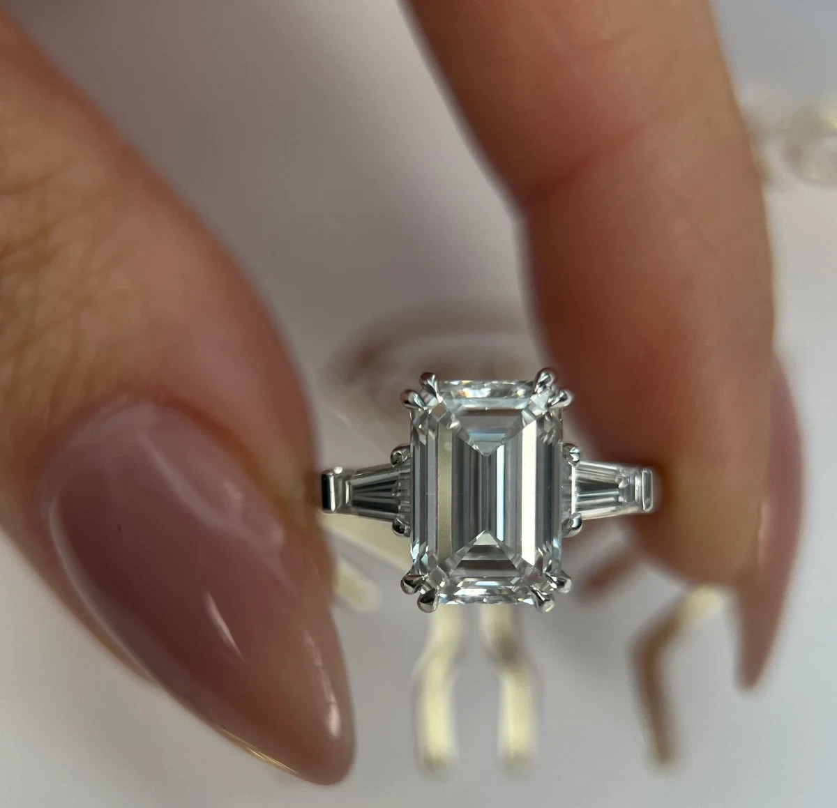 Lab Grown 4.5 Ct IGI Certified E Color VVS2 Clarity Emerald Cut Three Stone Ring