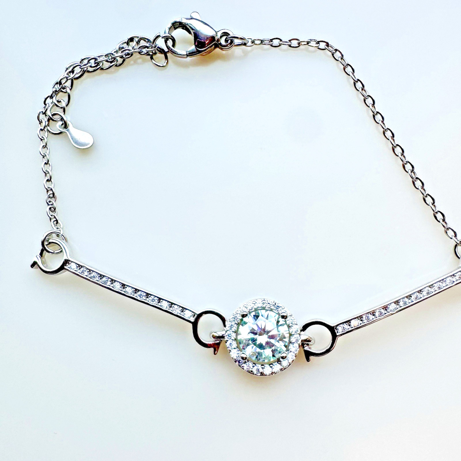 Pale Aqua 1ct Moissanite Halo Bar Link Bracelet, White Gold Plated over Brass