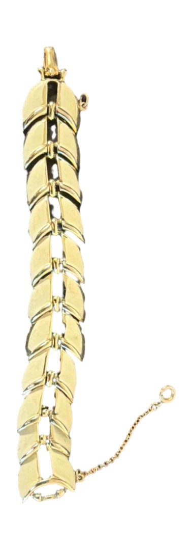 White Enamel Gold Tone Leaf Link Bracelet Fold Over Clasp Safety Chain by Coro
