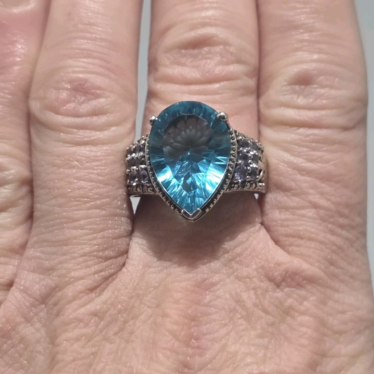 Vintage 925 Sterling Silver Statement Ring w/ Large Blue Topaz Sz 9 Cocktail