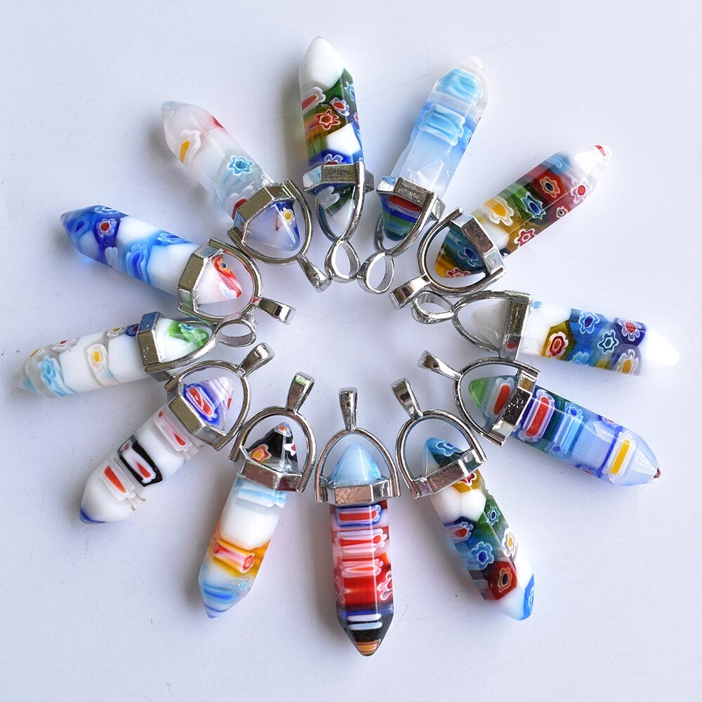 30pcs Mixed Thousand Flower Glass Pillar Point Charm Pendants for Jewelry Making