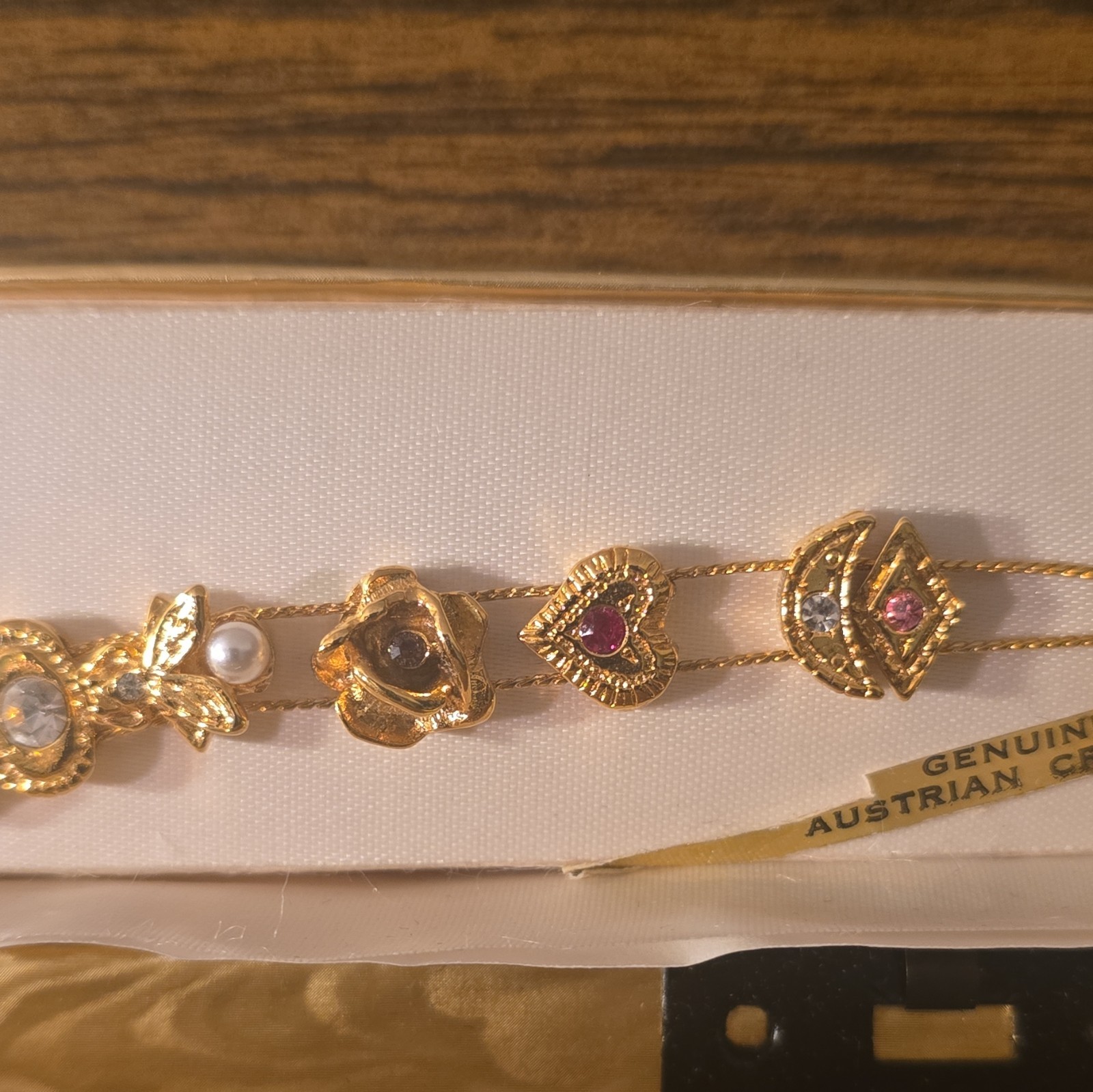 Gold Tone Austrian Crystal Dangle Charm Bracelet, Box Clasp, Multicolor