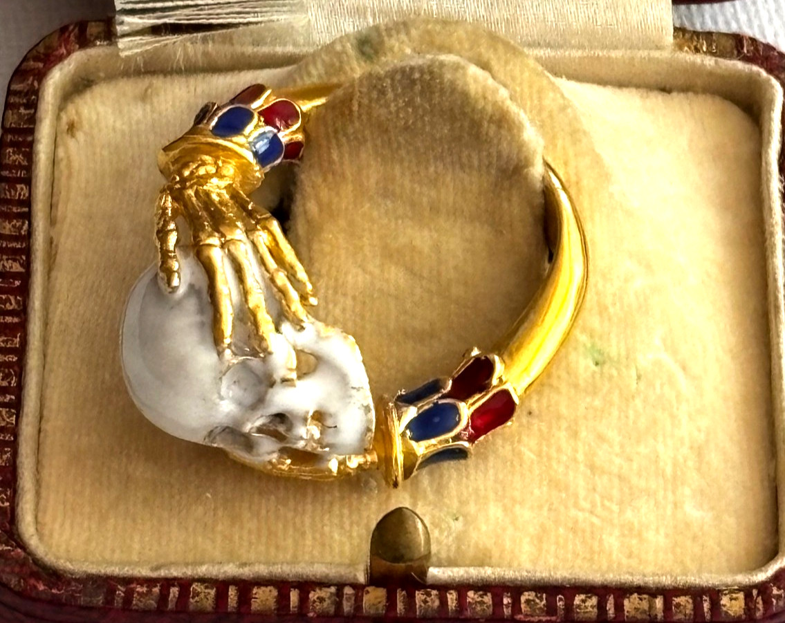 Antique French Imperial Era Memento Mori Skull Solid Silver Gild Enamel Ring