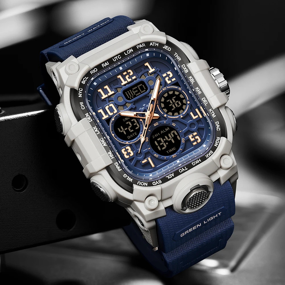 Men’S Outdoor Sport Wristwatch Big Dial Dual Display Luminous Waterproof TPU Ban