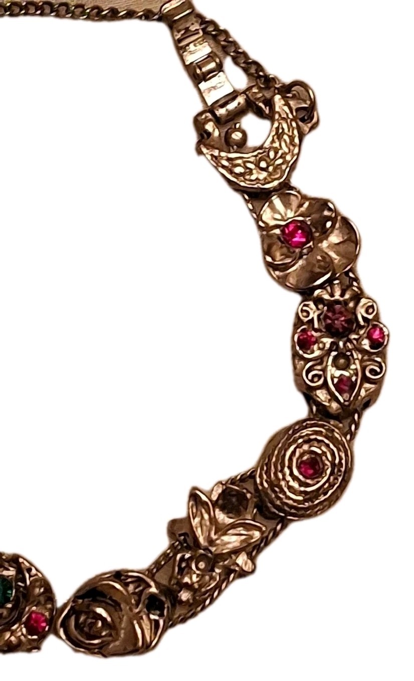 Vintage Silver Slide Bejeweled Charm Bracelet With Safety Chain