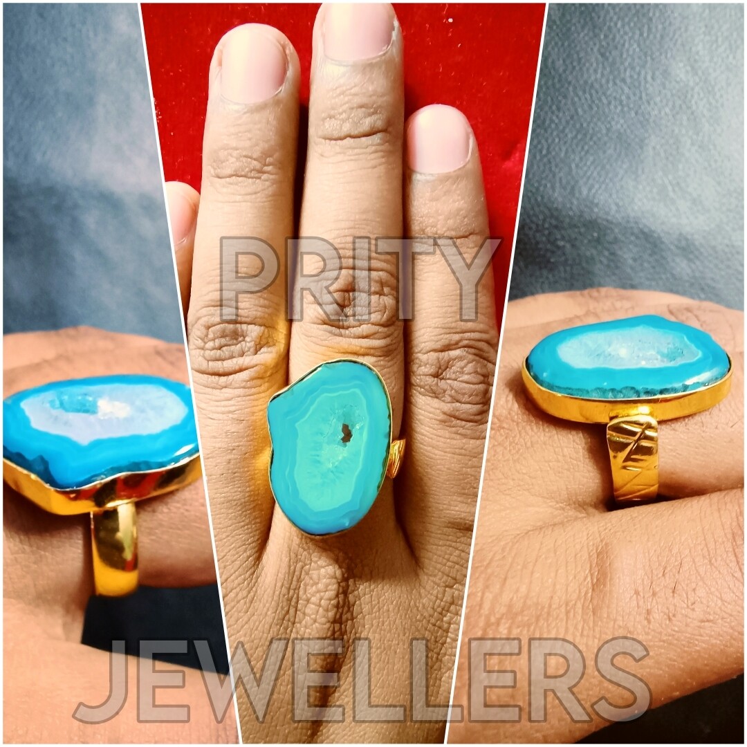 Blue Agate Gemstone Gold Plated Ring, Handmade Antique Ring, All Sizes Available