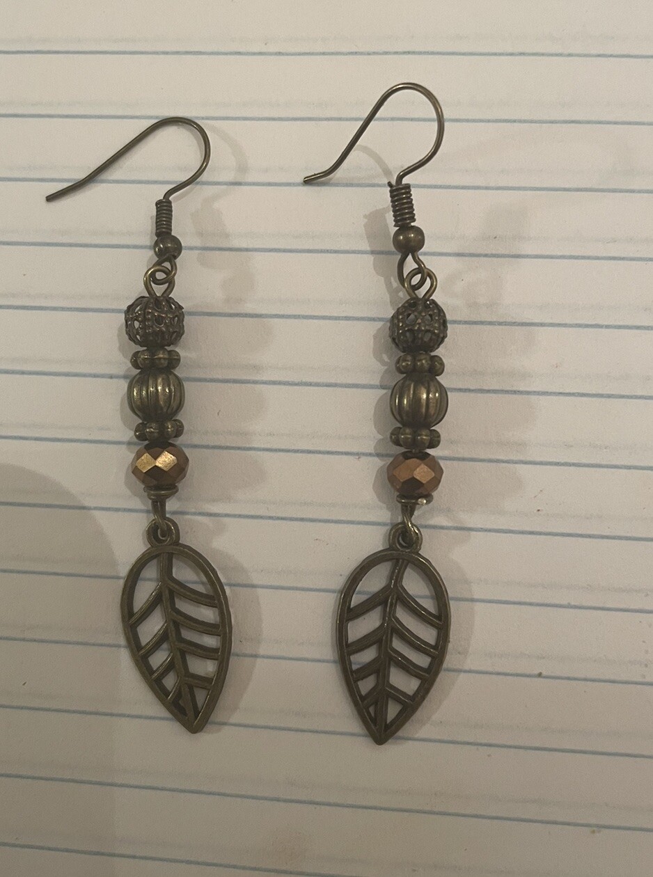Retro Bohemian Leaf w/ Hematite Brass Bead French Wire Dangle Earrings