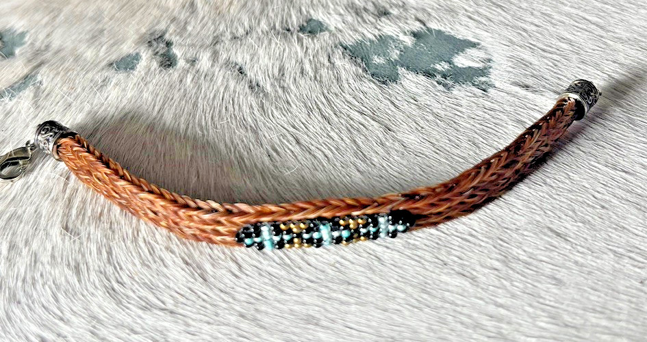 Western Womans Bracelet 8 x 3/8 in Cross Horsehair Bead Lobster Brown Multicolor