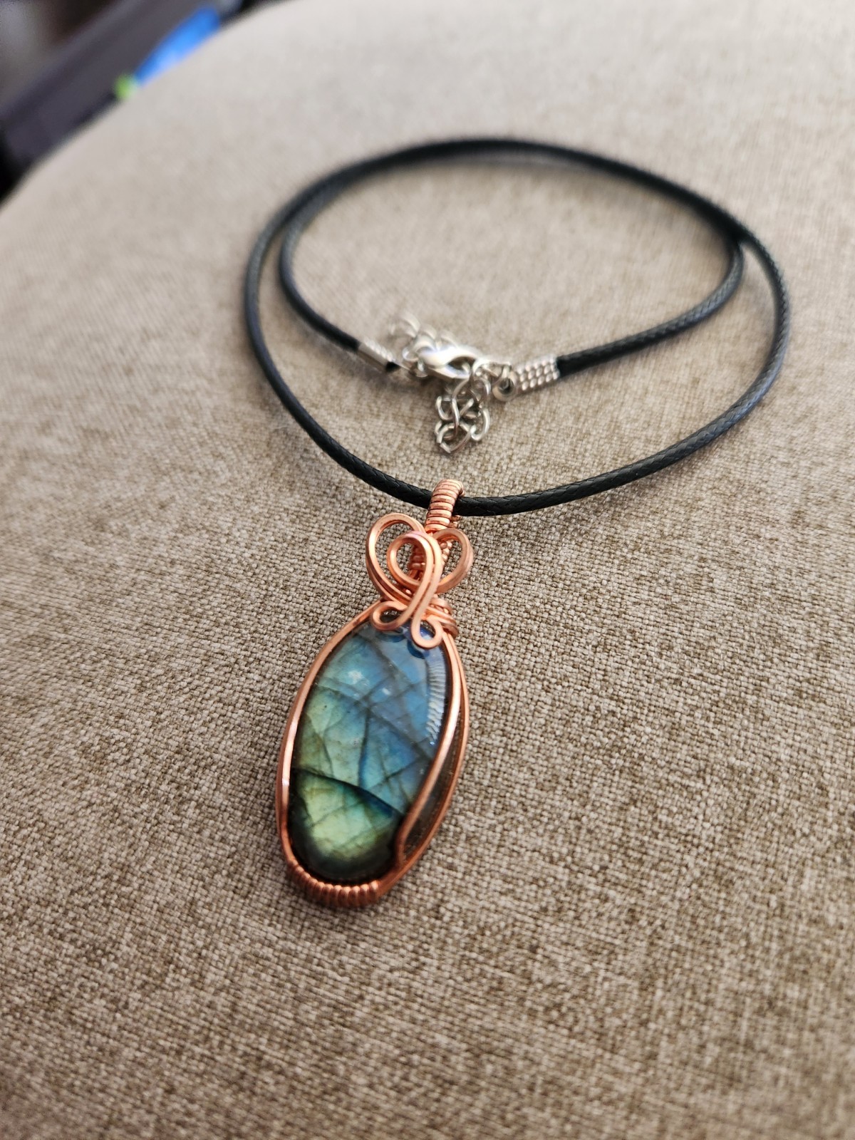 Labradorite Wrapped In Copper Wire Pendant w/wax Coated Cord Necklace