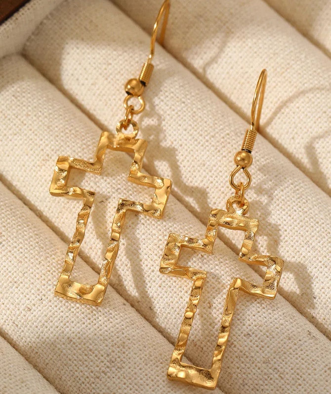 Stainless Steel Cross Pendant Earrings Vintage Hammered Texture Hollow Geometric