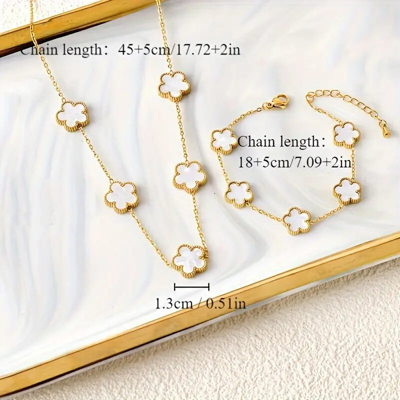 Women Stainless Steel Five Leaf Flower Cute Romantic Necklace & Bracelet Jewelry