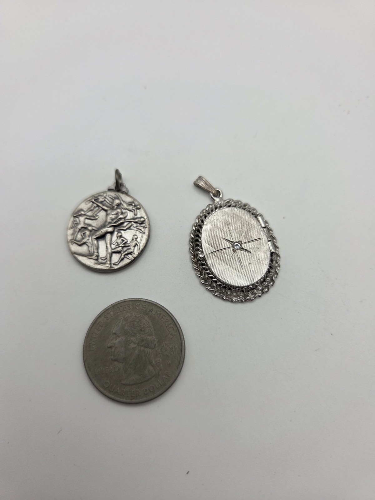 2 Silver Toned Pendants Olympic and One A Locket Vintage Jewelry