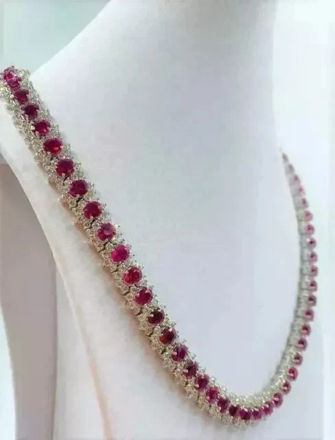 17Ct Oval Cut Lab Created Red Ruby Women’s Tennis Necklace 14K White Gold Plated