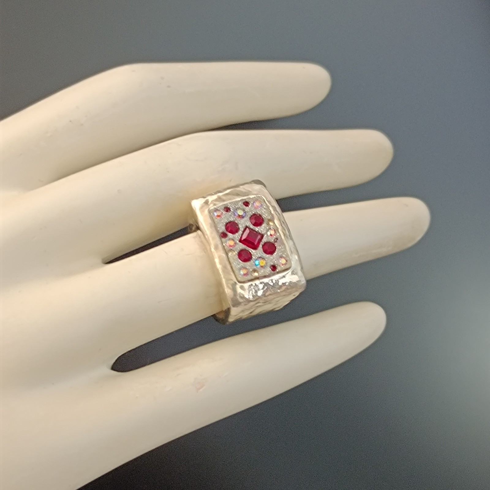 Chunky Silver Statement Ring Hammered Puffy Dramatic Bold Red Orit Schatzman 925