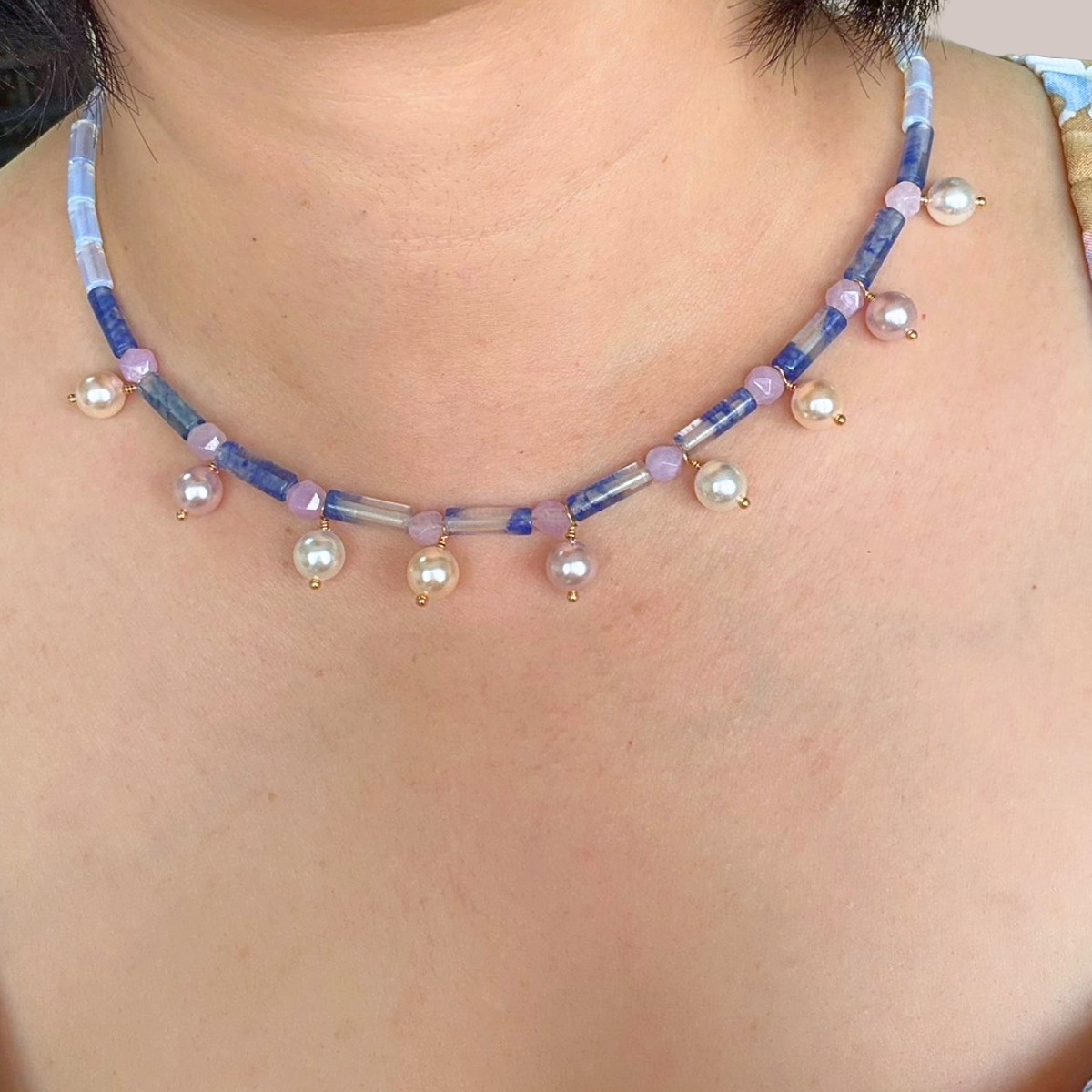 Soft Moon Symphony Necklace | Blue Crystal Quartz Necklace | Pearl Beaded Neckla