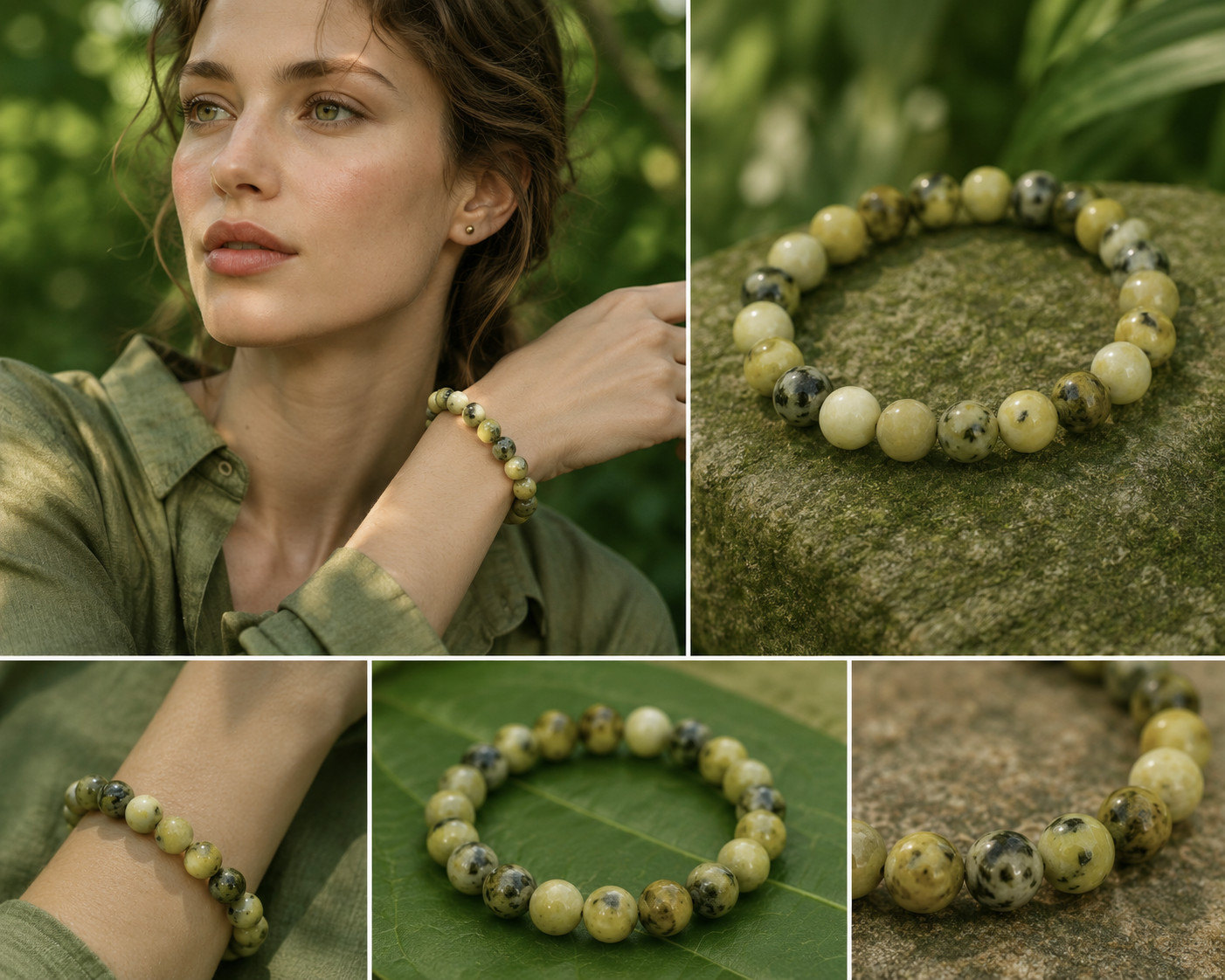 Healing Stone Bracelet from the Gemstone Serpentine in Ball Shape Ø-10 mm