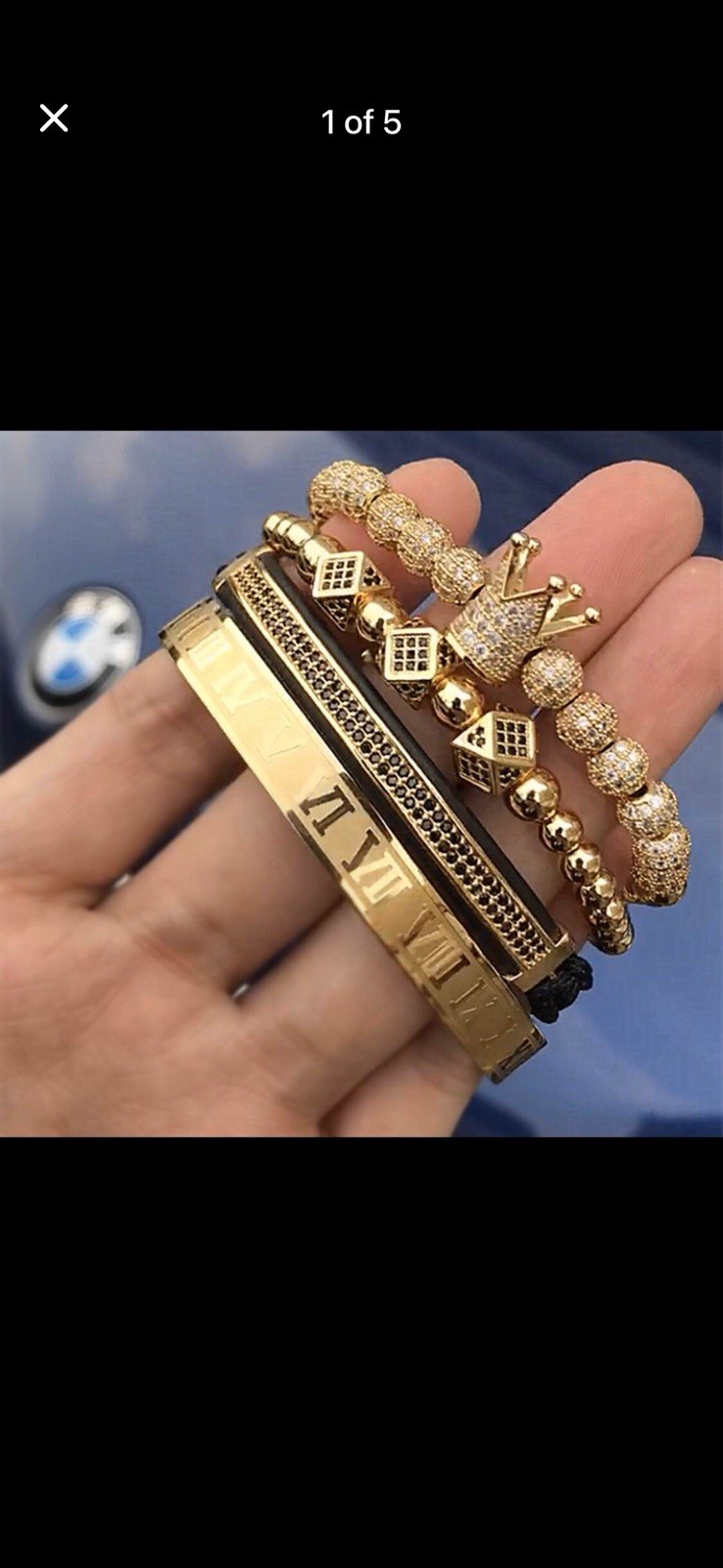 Stackable Adjustable Gold Tone Crown Charm Beaded Set, Roman Numeral Bangle 4pcs